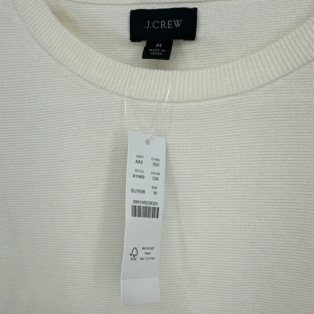 Re-Imagined J Crew -‎ COTTON CREWNECK SWEATER GARTER STITCH IVORY NAVY Medium